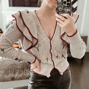 Zara Cream Floral Embroidered Ruffle Cardigan with Burgundy Trim size medium